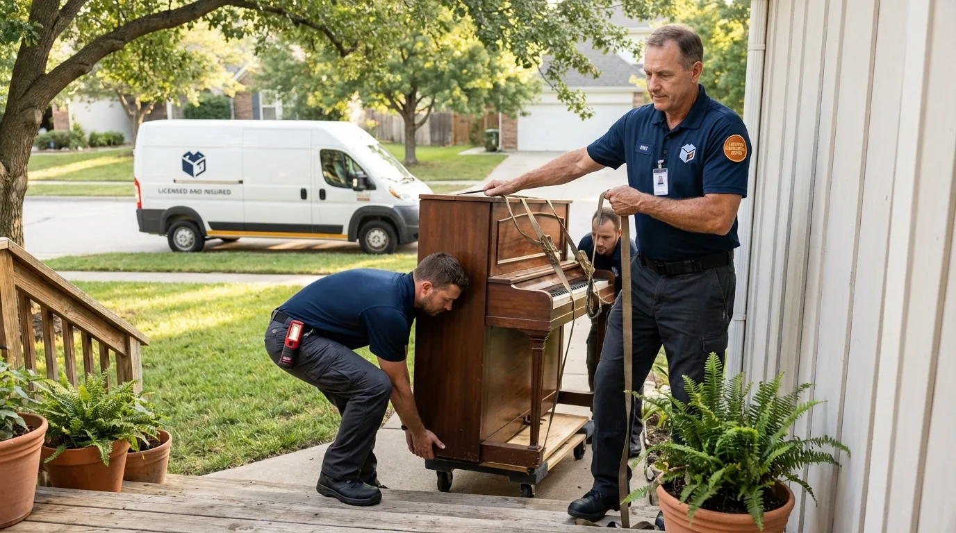 Licensed piano movers securing grand piano in Strum, WI