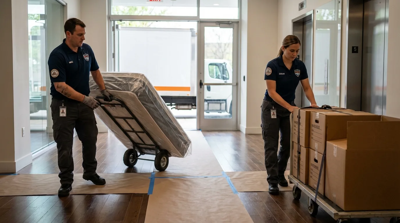 Professional apartment movers loading elevator in Strum, WI