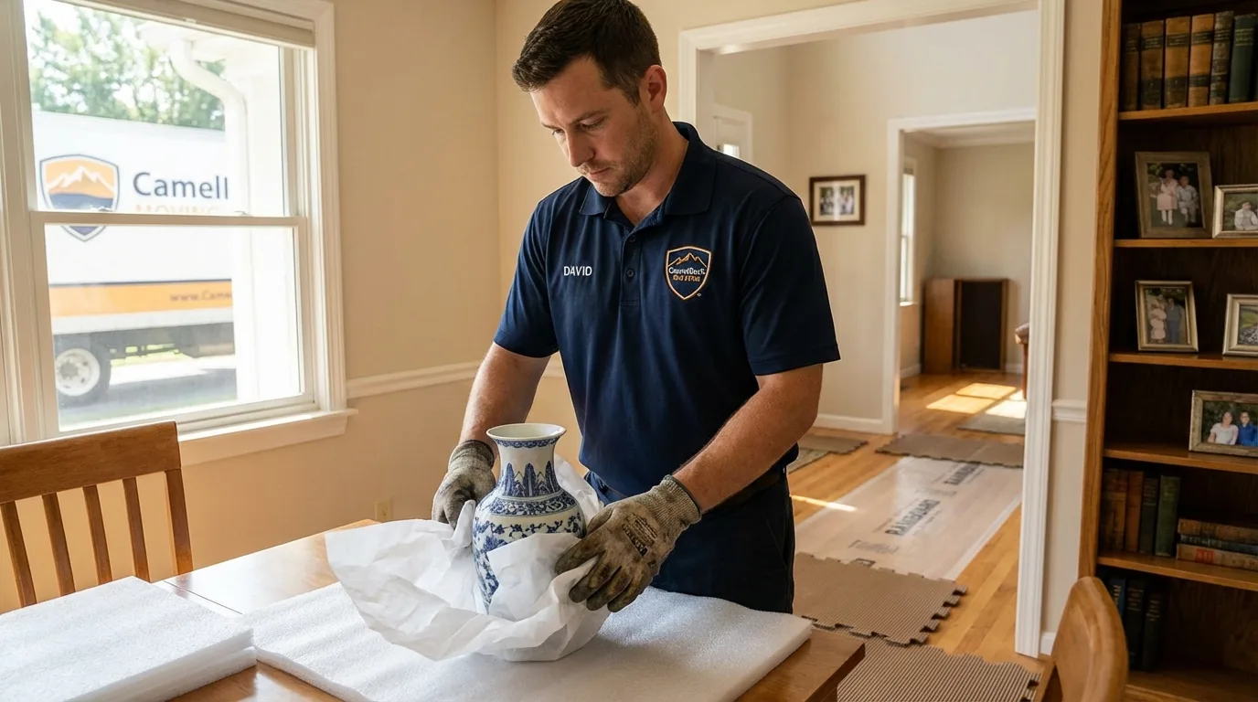 Professional crew carefully wrapping antique vase for senior downsizing move in Strum, WI